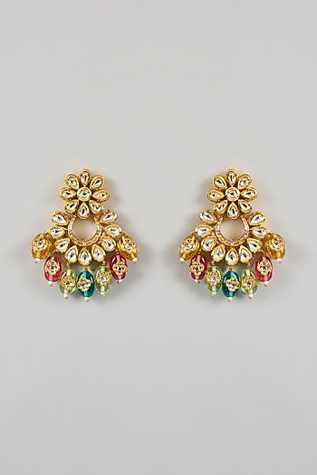 Gold Plated Multi-Colored Bead & Kundan Polki Chandbali Earrings