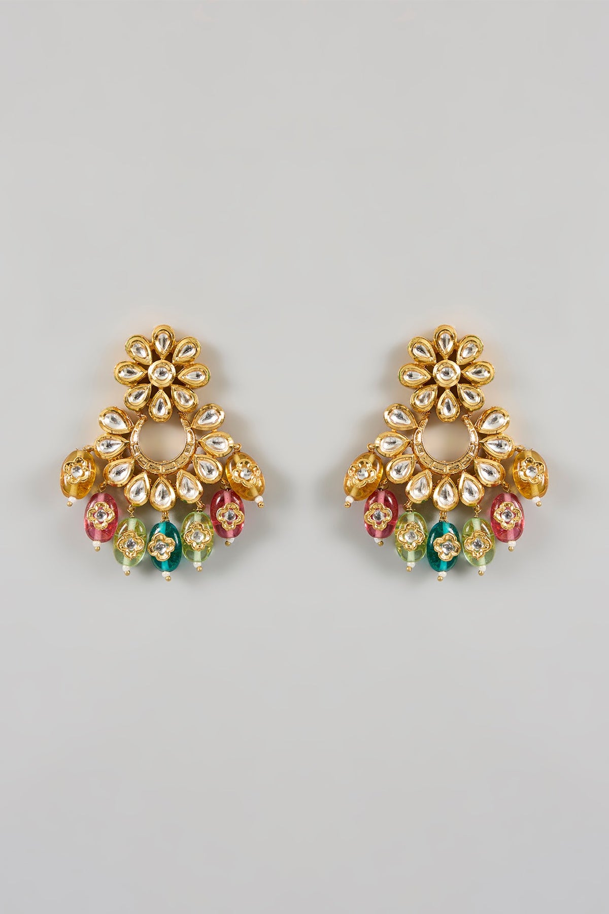 Gold Plated Multi-Colored Bead & Kundan Polki Chandbali Earrings