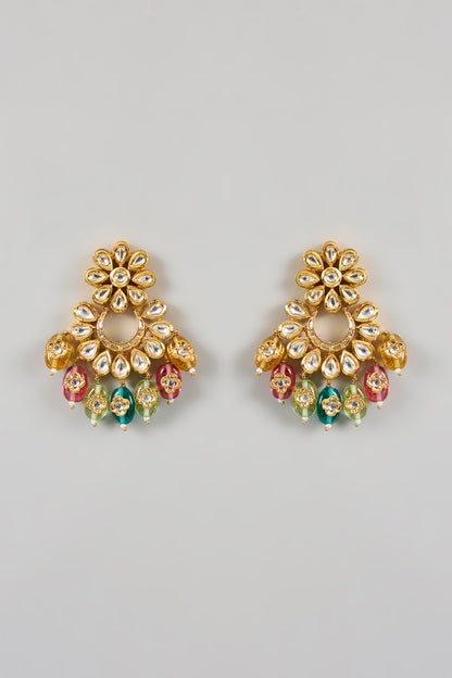 Gold Plated Multi-Colored Bead & Kundan Polki Chandbali Earrings