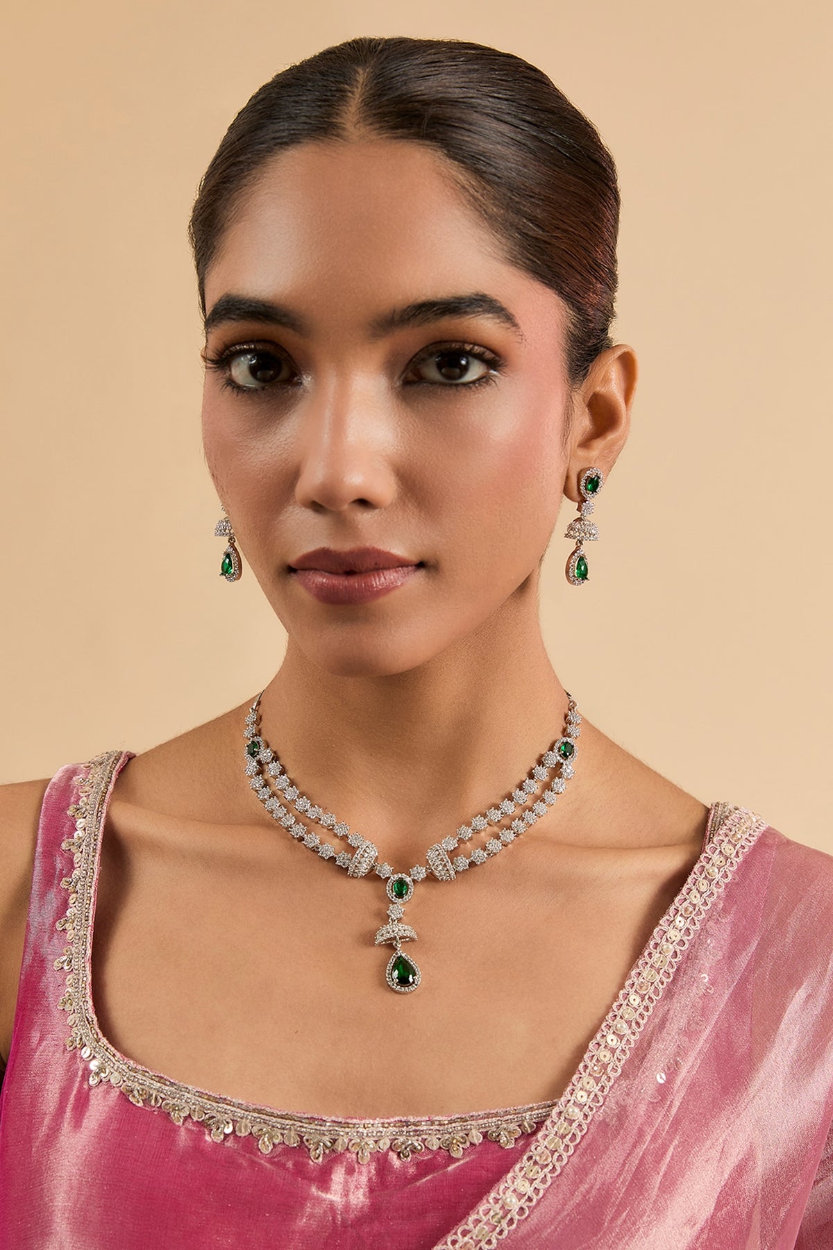 White Gold Finish Green Cubic Zirconia Layered Necklace Set