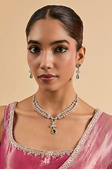 White Gold Finish Green Cubic Zirconia Layered Necklace Set