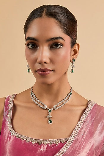 White Gold Finish Green Cubic Zirconia Layered Necklace Set
