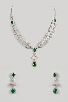 White Gold Finish Green Cubic Zirconia Layered Necklace Set