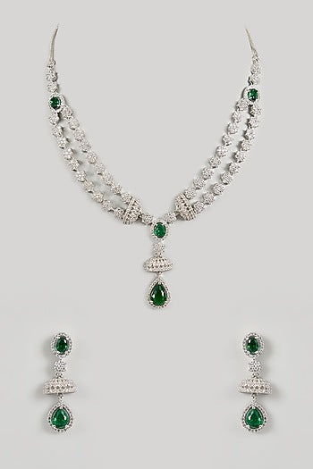 White Gold Finish Green Cubic Zirconia Layered Necklace Set
