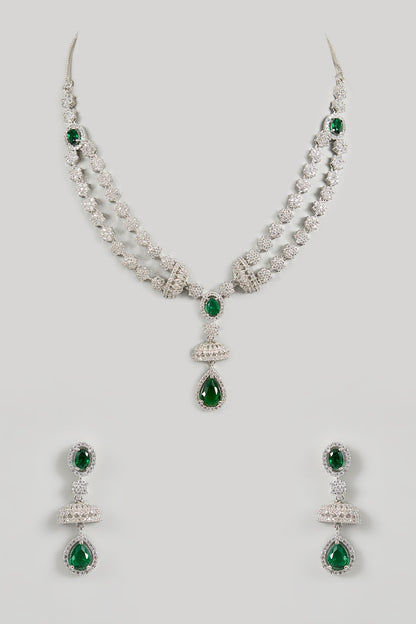 White Gold Finish Green Cubic Zirconia Layered Necklace Set