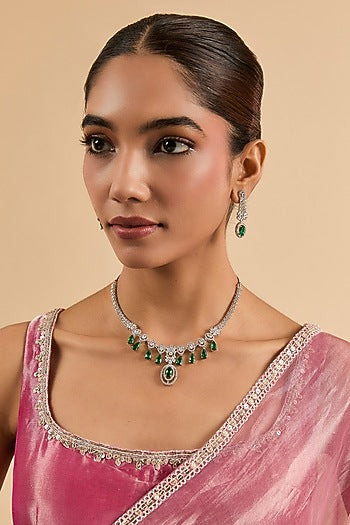 White Gold Finish Green Cubic Zirconia Necklace Set