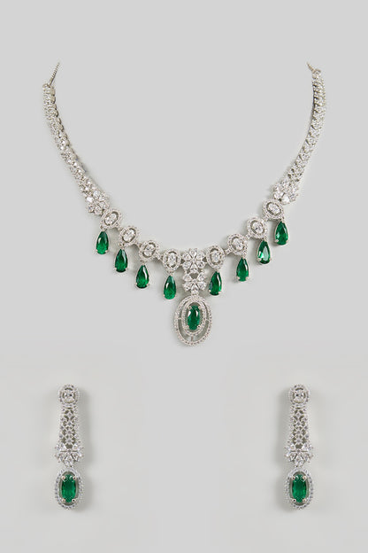 White Gold Finish Green Cubic Zirconia Necklace Set
