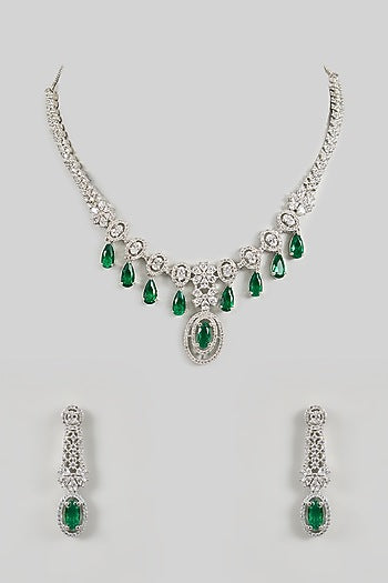 White Gold Finish Green Cubic Zirconia Necklace Set
