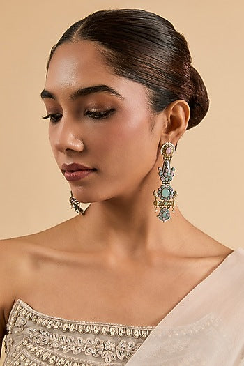 Two Tone Finish Green & Pink Stone Dangler Earrings