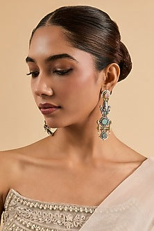 Two Tone Finish Green & Pink Stone Dangler Earrings