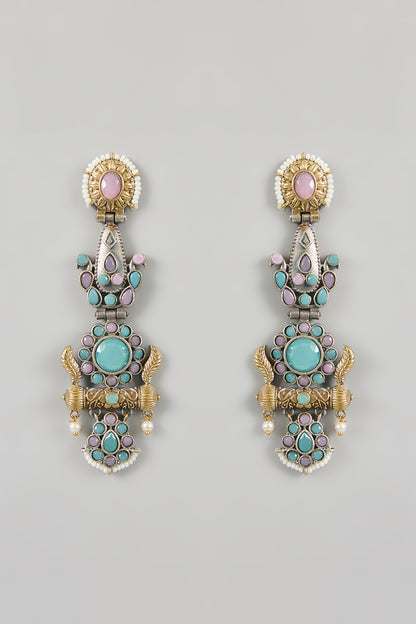Two Tone Finish Green & Pink Stone Dangler Earrings