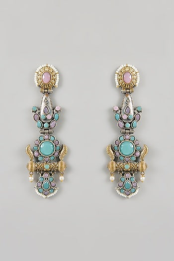 Two Tone Finish Green & Pink Stone Dangler Earrings