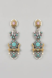 Two Tone Finish Green & Pink Stone Dangler Earrings