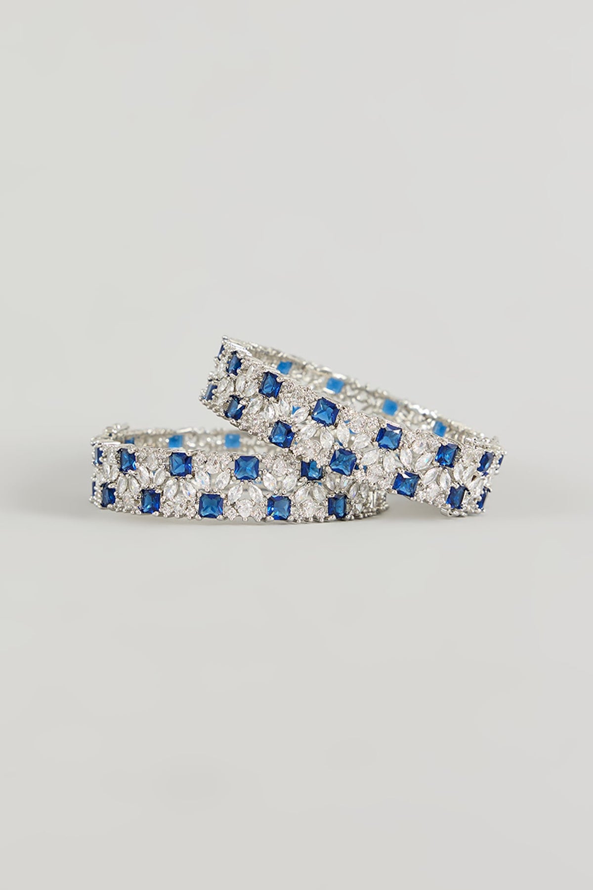 White Gold Finish Blue Zircon Bracelets (Set Of 2)