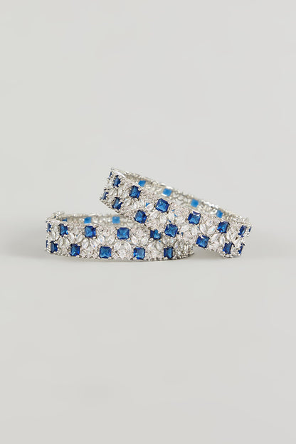 White Gold Finish Blue Zircon Bracelets (Set Of 2)