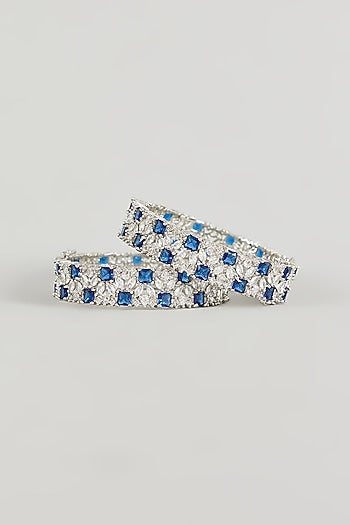 White Gold Finish Blue Zircon Bracelets (Set Of 2)
