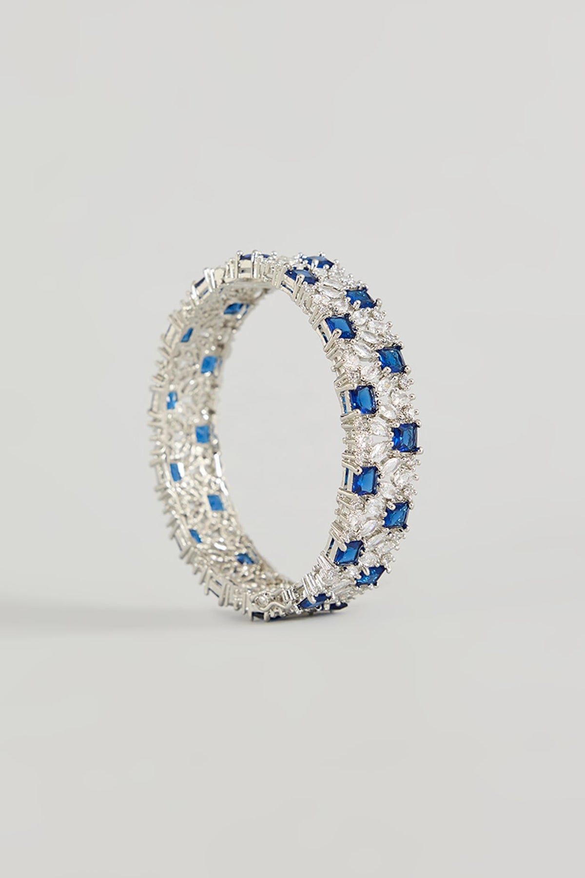 White Gold Finish Blue Zircon Bracelets (Set Of 2)