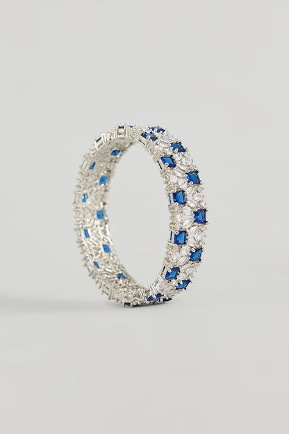 White Gold Finish Blue Zircon Bracelets (Set Of 2)