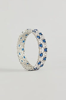 White Gold Finish Blue Zircon Bracelets (Set Of 2)