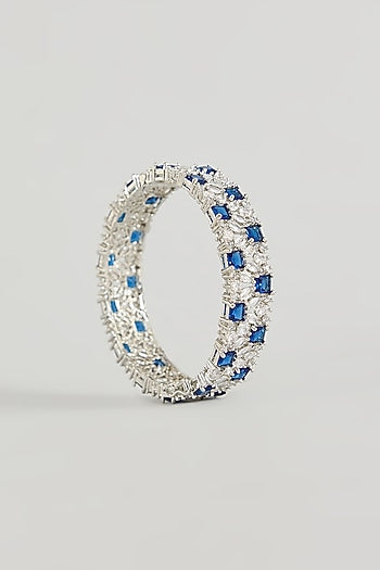White Gold Finish Blue Zircon Bracelets (Set Of 2)