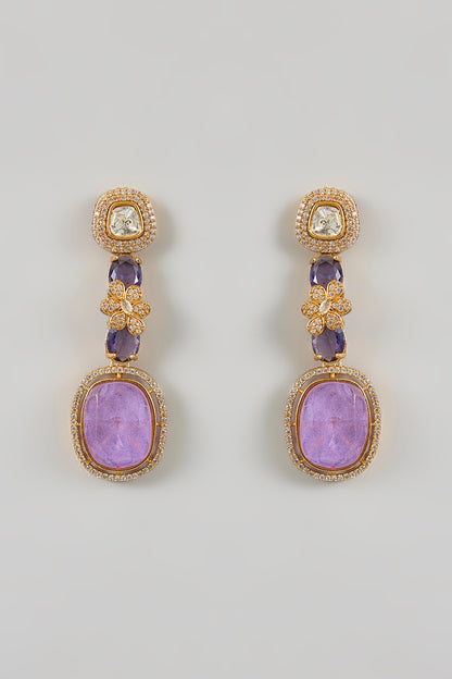 Gold Plated Kundan Polki & Purple Stone Dangler Earrings