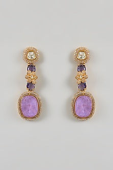 Gold Plated Kundan Polki & Purple Stone Dangler Earrings