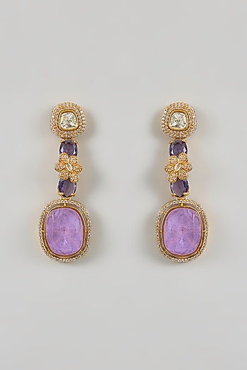 Gold Plated Kundan Polki & Purple Stone Dangler Earrings