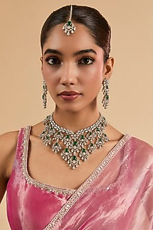 White Gold Finish Green Cubic Zirconia Necklace Set