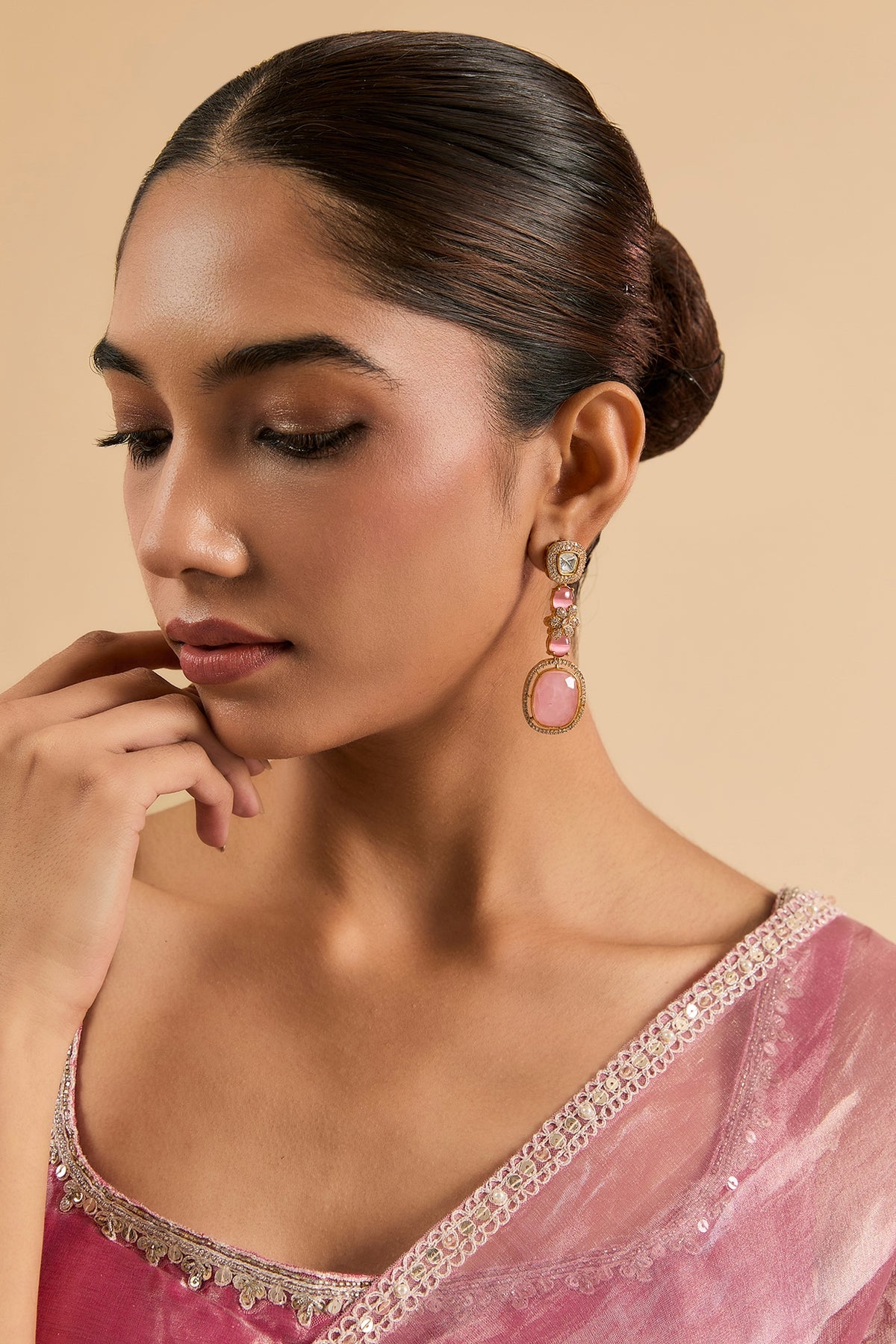 Gold Plated Kundan Polki & Pink Stone Dangler Earrings