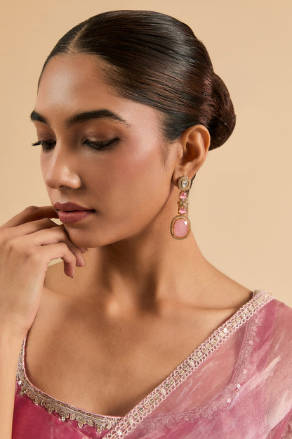 Gold Plated Kundan Polki & Pink Stone Dangler Earrings