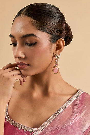 Gold Plated Kundan Polki & Pink Stone Dangler Earrings