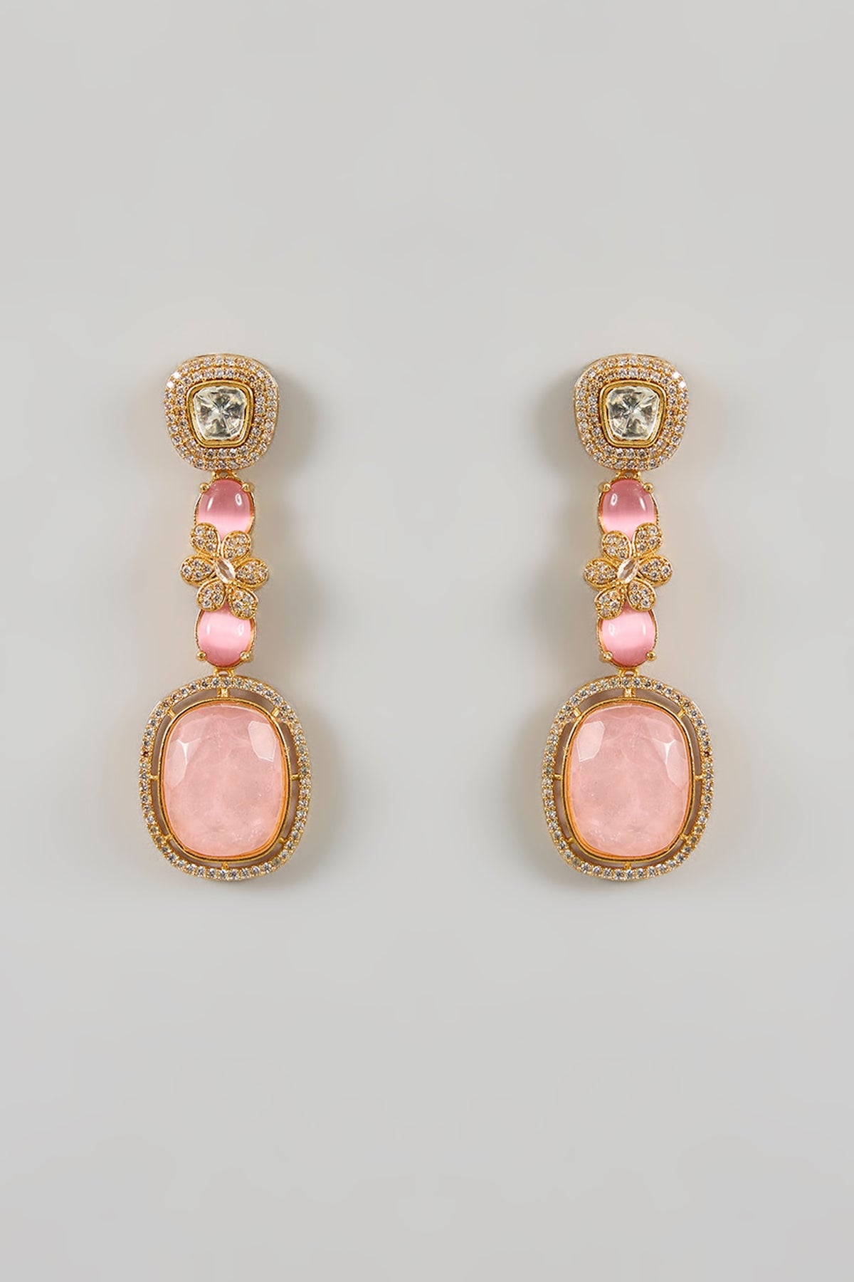 Gold Plated Kundan Polki & Pink Stone Dangler Earrings