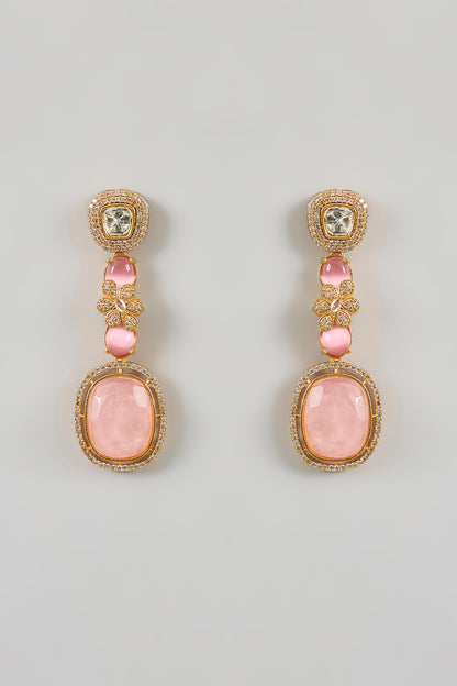 Gold Plated Kundan Polki & Pink Stone Dangler Earrings