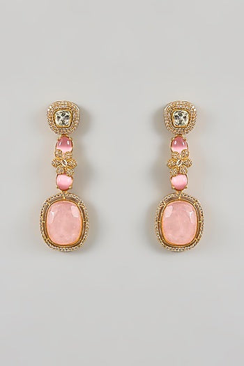 Gold Plated Kundan Polki & Pink Stone Dangler Earrings