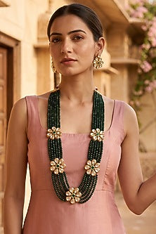 Gold Plated Kundan Polki & Emerald Stone Long Necklace Set