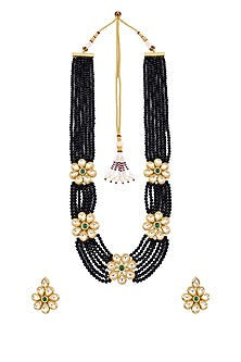 Gold Plated Kundan Polki & Emerald Stone Long Necklace Set