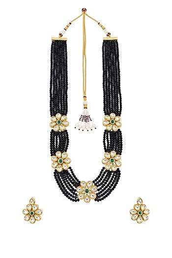 Gold Plated Kundan Polki & Emerald Stone Long Necklace Set