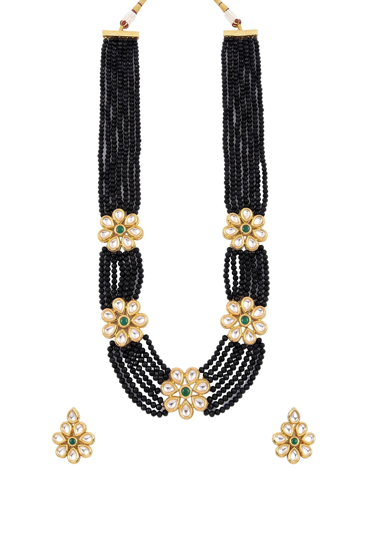 Gold Plated Kundan Polki & Emerald Stone Long Necklace Set