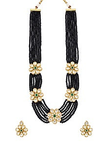 Gold Plated Kundan Polki & Emerald Stone Long Necklace Set