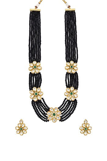 Gold Plated Kundan Polki & Emerald Stone Long Necklace Set