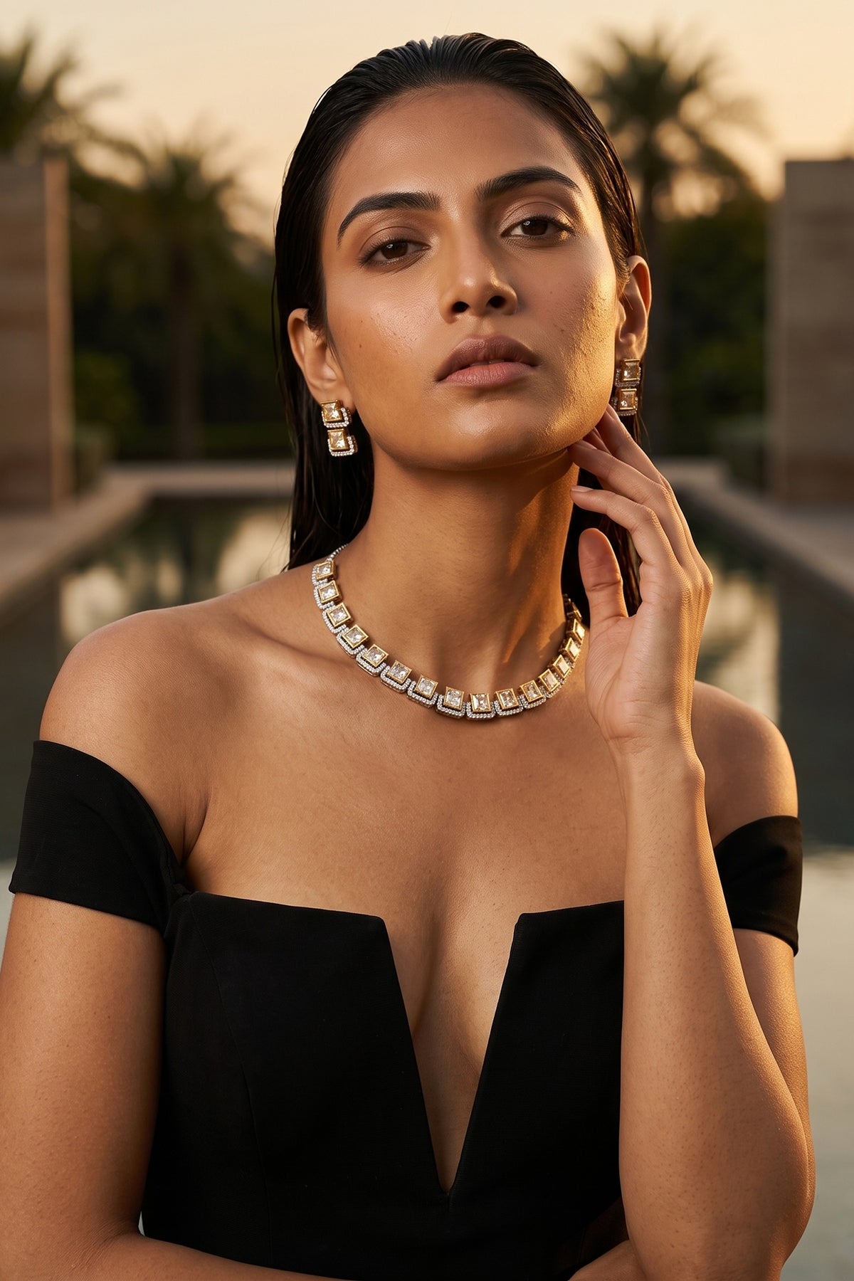 Gold Plated Greyb Kundan Polki & Pearl Necklace Set