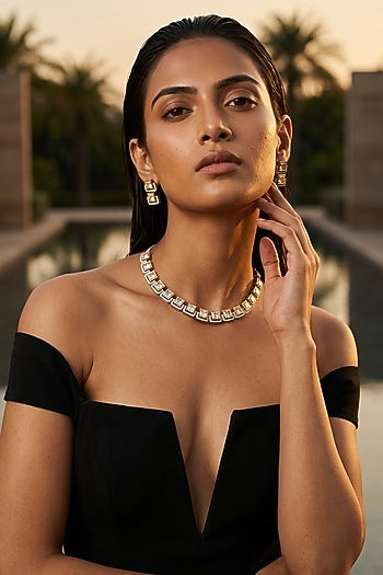 Gold Plated Greyb Kundan Polki & Pearl Necklace Set
