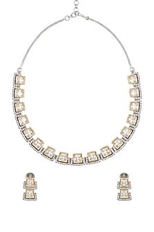 Gold Plated Greyb Kundan Polki & Pearl Necklace Set
