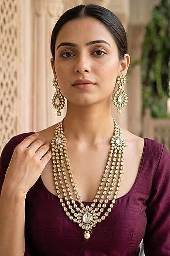 Gold Plated Kundan Polki & Pearl Layered Necklace Set