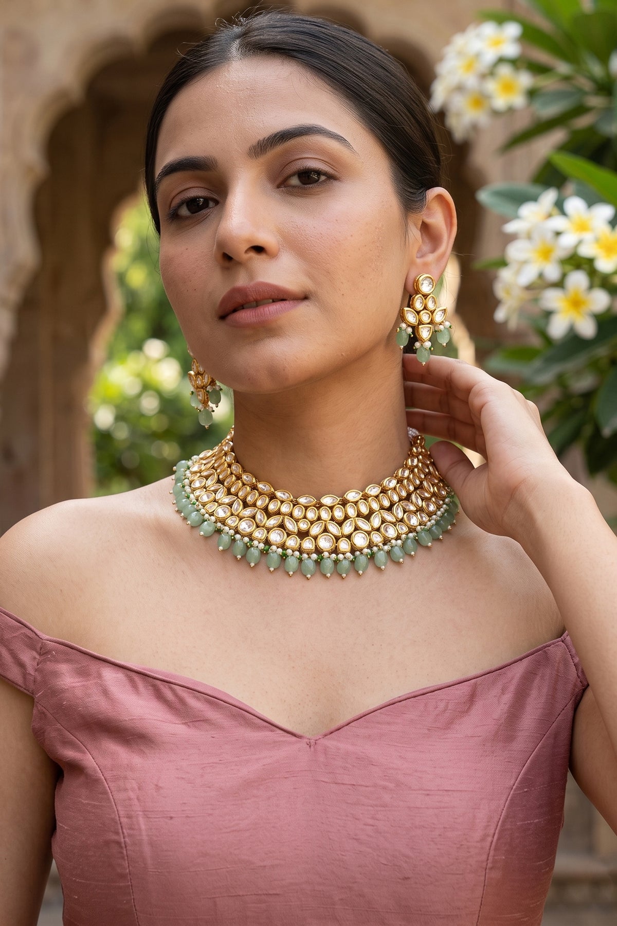Gold Plated Kundan Polki & Emerald Stone Necklace Set