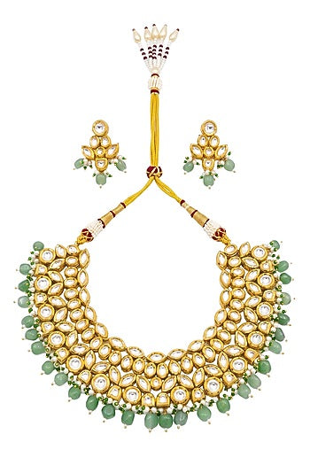 Gold Plated Kundan Polki & Emerald Stone Necklace Set