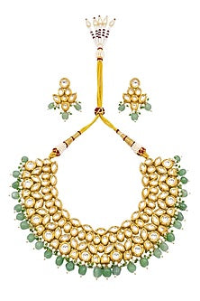 Gold Plated Kundan Polki & Emerald Stone Necklace Set