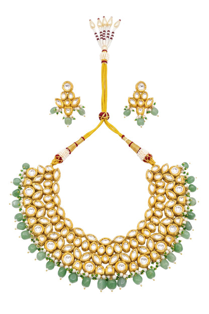 Gold Plated Kundan Polki & Emerald Stone Necklace Set