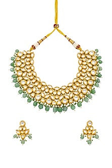 Gold Plated Kundan Polki & Emerald Stone Necklace Set