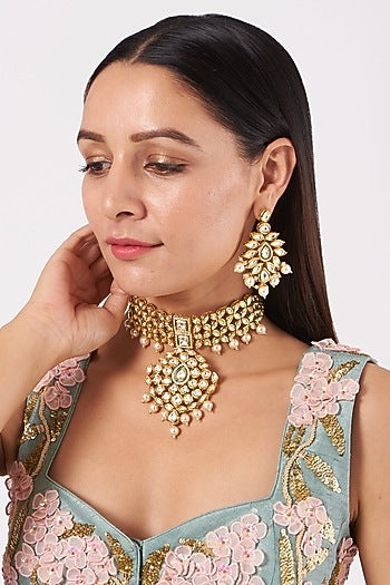 Gold Plated Shell Pearl Choker Necklace Set